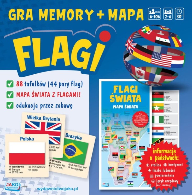 Memory. Flagi państw świata + mapa. Gra edukacyjna wydawnictwa Jako