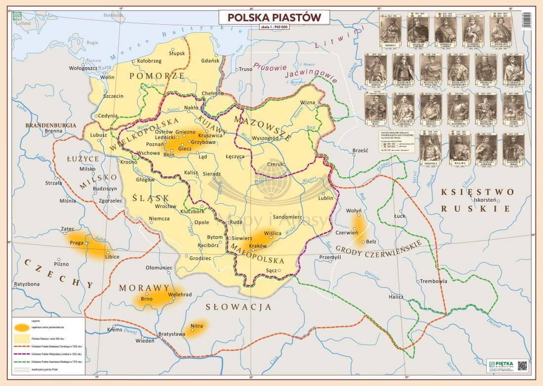 Polska Piastów. Mapa ścienna. Wersja STRONG