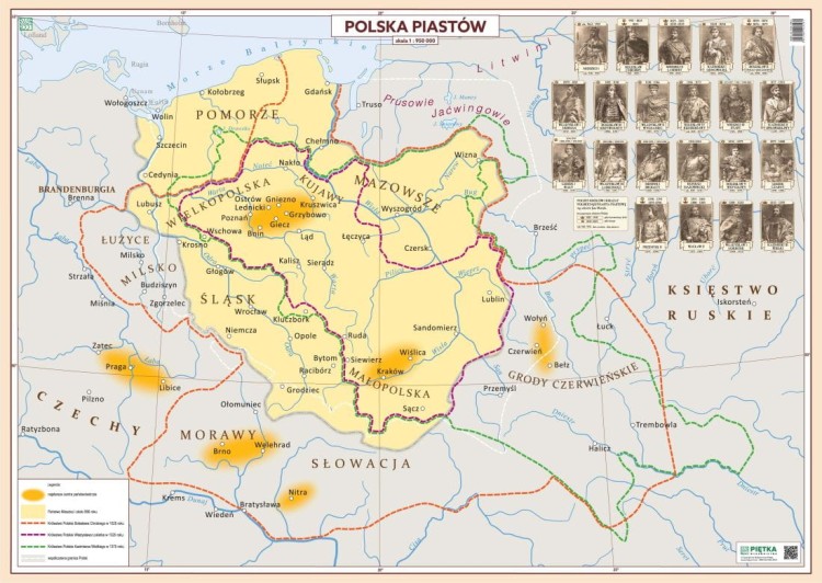 Polska Piastów. Mapa ścienna. Wersja STRONG