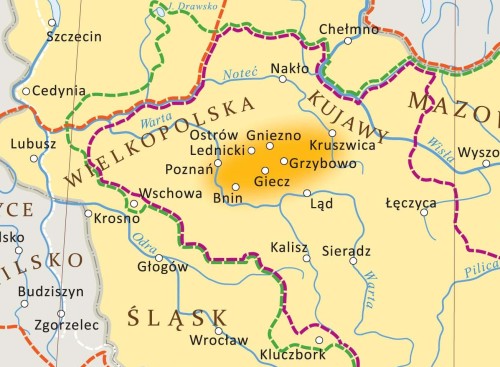 Polska Piastów. Mapa ścienna. Wersja STRONG. Fragment