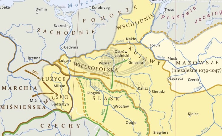 Kryzys i odbudowa państwa Piastów. Mapa ścienna. Wersja STRONG. Fragment