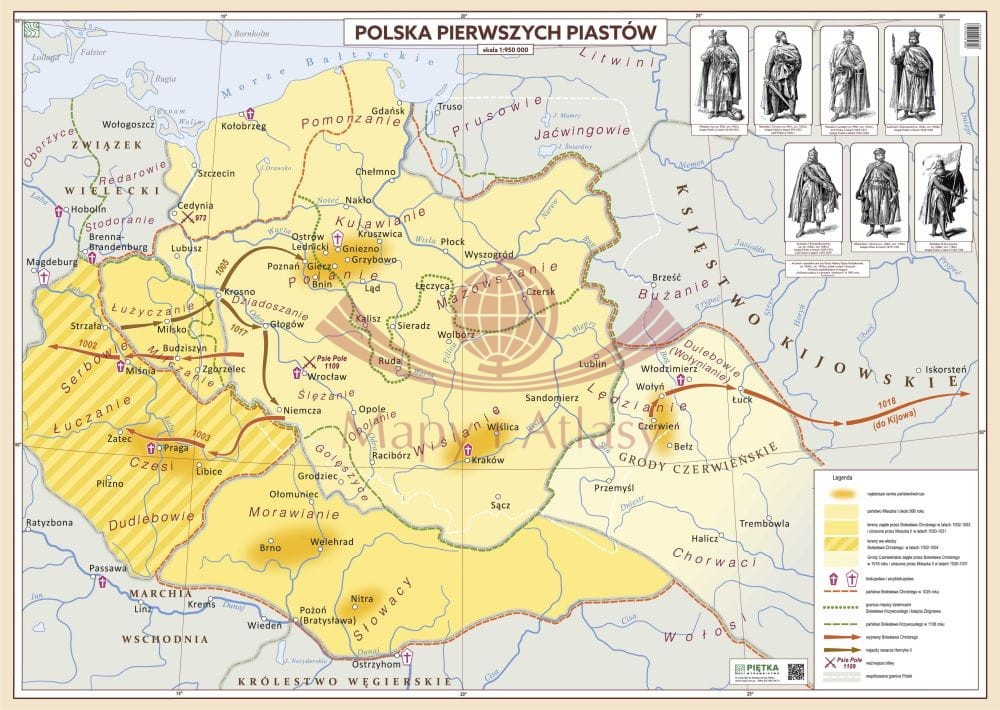 Polska pierwszych Piastów. Mapa ścienna. Wersja STRONG