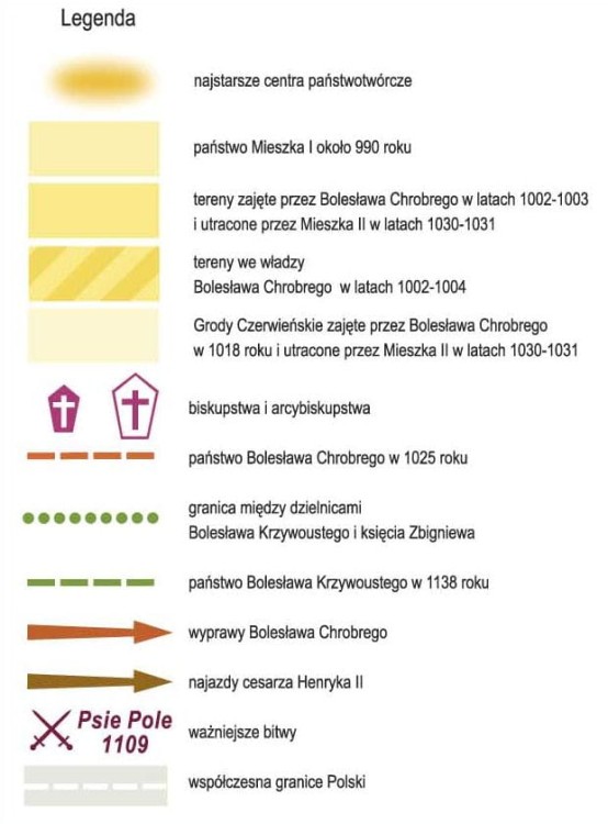Polska pierwszych Piastów. Mapa ścienna. Wersja STRONG. Legenda