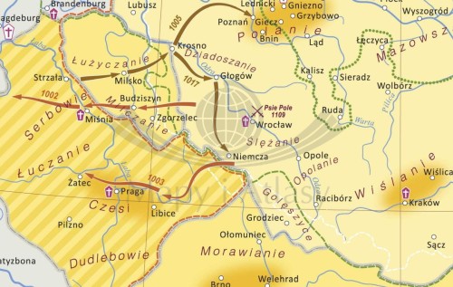 Polska pierwszych Piastów. Mapa ścienna. Wersja STRONG. Fragment