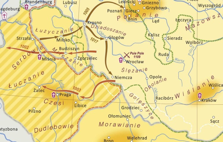 Polska pierwszych Piastów. Mapa ścienna. Wersja STRONG. Fragment