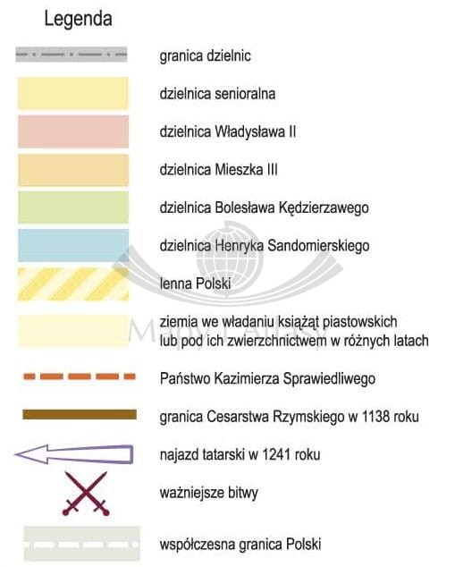 Ziemie Polskie w czasach rozbicia dzielnicowego w XII wieku. Mapa ścienna. Wersja STRONG. Legenda
