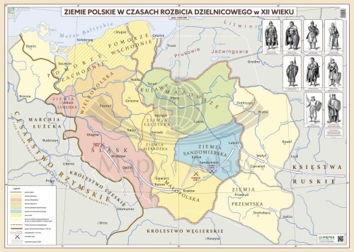 Ziemie Polskie w czasach rozbicia dzielnicowego w XII wieku. Mapa ścienna. Wersja STRONG