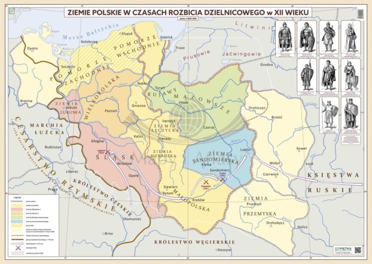 Ziemie Polskie w czasach rozbicia dzielnicowego w XII wieku. Mapa ścienna. Wersja STRONG