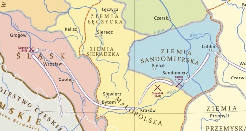 Ziemie Polskie w czasach rozbicia dzielnicowego w XII wieku. Mapa ścienna. Wersja STRONG. Fragment