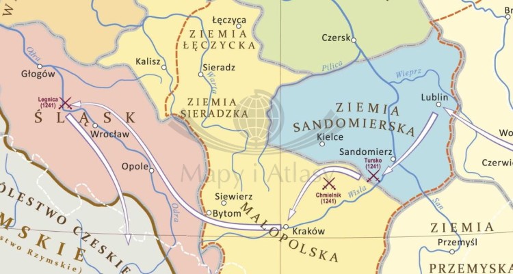 Ziemie Polskie w czasach rozbicia dzielnicowego w XII wieku. Mapa ścienna. Wersja STRONG. Fragment