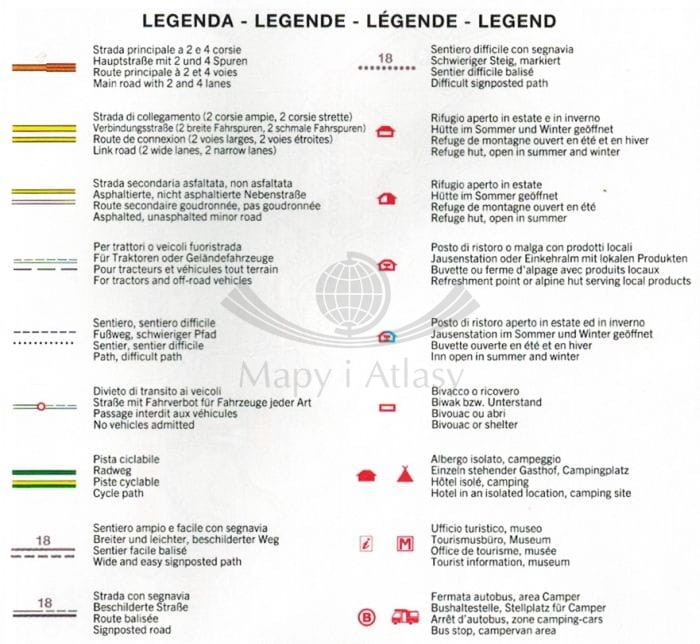 Jezioro Garda, część północna. Alto Garda bike. Wodoodporna mapa rowerowa wydawnictwa Tabacco. Legenda