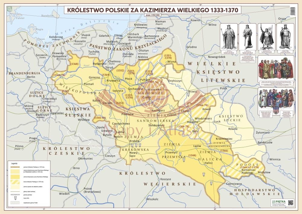 Królestwo Polskie za Kazimierza Wielkiego 1333-1370. Mapa ścienna. Wersja STRONG