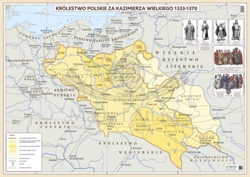 Królestwo Polskie za Kazimierza Wielkiego 1333-1370. Mapa ścienna. Wersja STRONG