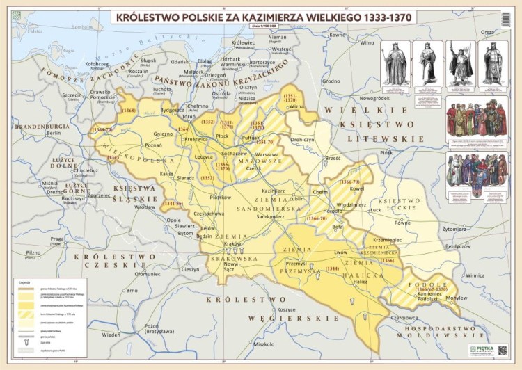 Królestwo Polskie za Kazimierza Wielkiego 1333-1370. Mapa ścienna. Wersja STRONG