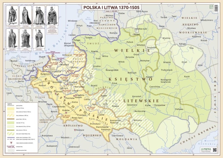 Polska i Litwa 1370-1505. Mapa ścienna. Wersja STRONG