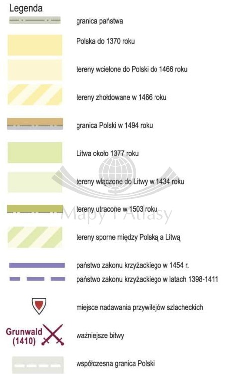 Polska i Litwa 1370-1505. Mapa ścienna. Wersja STRONG. Legenda