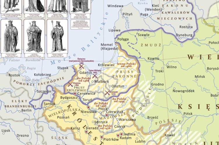 Polska i Litwa 1370-1505. Mapa ścienna. Wersja STRONG. Fragment