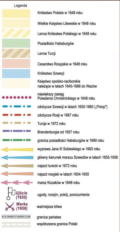 Rzeczpospolita Polska 1648-1764. Mapa ścienna. Wersja STRONG. Legenda
