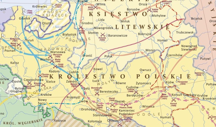 Rzeczpospolita Polska 1648-1764. Mapa ścienna. Wersja STRONG. Fragment