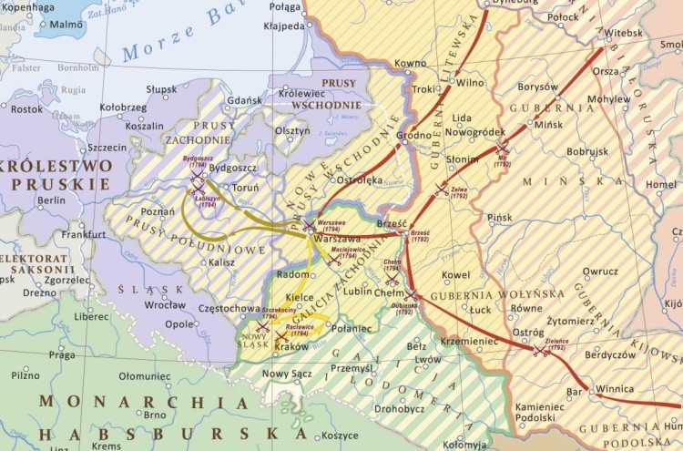 Rzeczpospolita Polska w okresie rozbiorów. Mapa ścienna. Wersja STRONG. Fragment
