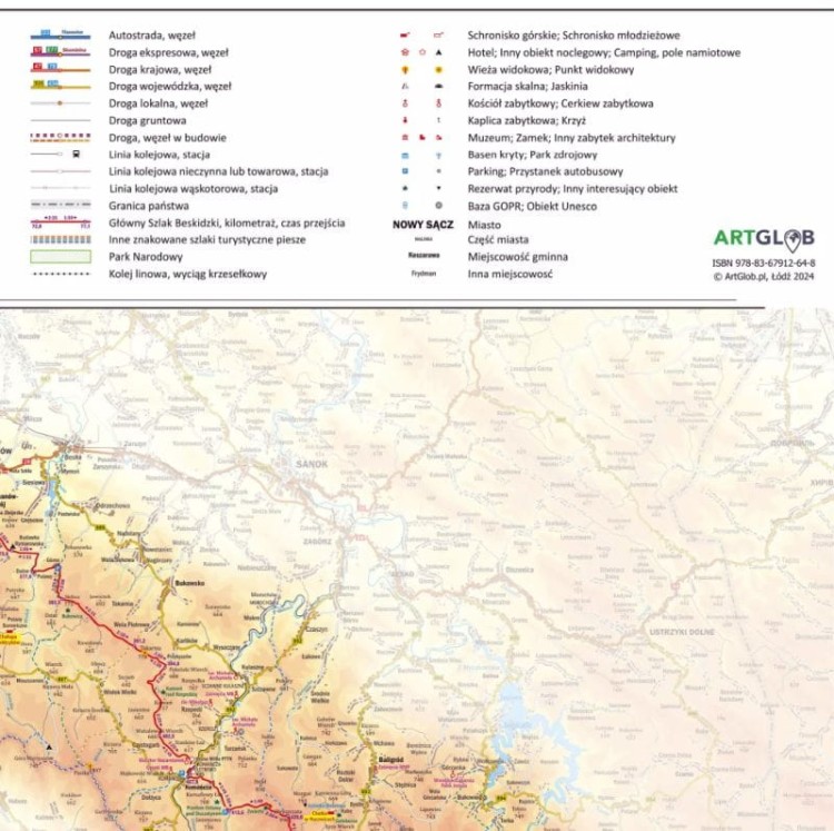 Główny Szlak Beskidzki 1:255 000. Mapa ścienna wydawnictwa ArtGlob. Legenda