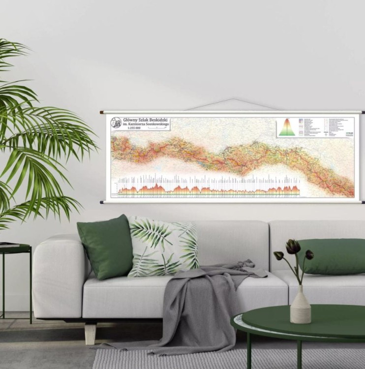Główny Szlak Beskidzki 1:255 000. Mapa ścienna wydawnictwa ArtGlob. Przykład aranżacji