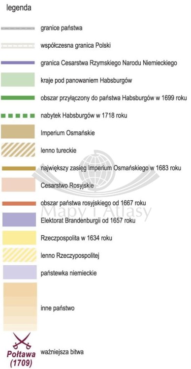 Europa na przełomie XVII i XVIII wieku. Mapa ścienna. Wersja STRONG. Legenda