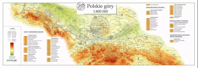 Polskie Góry 1:800 000. Sudety, Beskidy, Tatry. Arkusz laminowany wydawnictwa ArtGlob