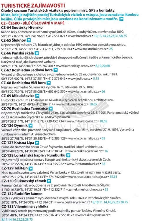 Labske Piskovce / Łabskie Piaskowce, Czeska Szwajcaria 1:50 000. Mapa atrakcji turystycznych 4 wydawnictwa Wander Book. Miejsca zakupu naklejek - przykładowy fragment