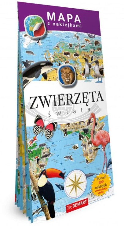 Zwierzęta świata. Mapa z naklejkami wydawnictwa Demart. Okładka