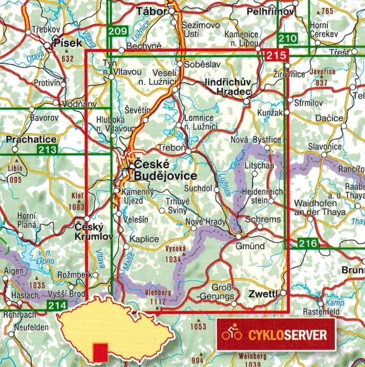 Ceskobudejovicko, Jindrichohradecko, Novohradske Hory. Mapa turystyczna 215 wydawnictwa Shocart. Zasięg