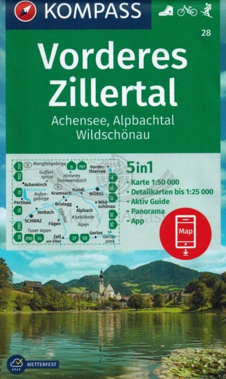 Vorderes Zillertal. Achensee, Alpbachtal, Wildschonau. Laminowana mapa turystyczna 28 wydawnictwa Kompass. Okładka