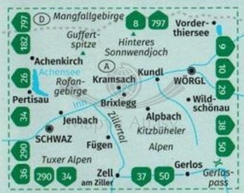 Vorderes Zillertal. Achensee, Alpbachtal, Wildschonau. Laminowana mapa turystyczna 28 wydawnictwa Kompass. Zasięg