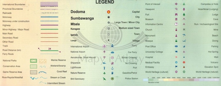 Tanzania 1:1 300 000. Wodoodporna mapa samochodowo-turystyczna wydawnictwa ITMB. Legenda