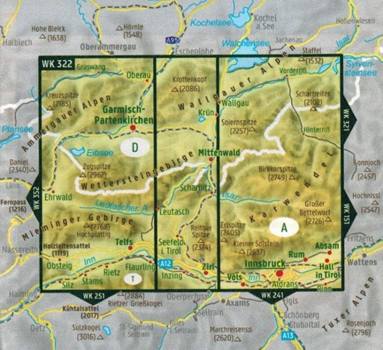 Wetterstein, Karwendel, Seefeld, Garmisch-Partenkirchen. Wodoodporna mapa turystyczna WK 322 wydawnictwa Freytag & Berndt. Zasięg