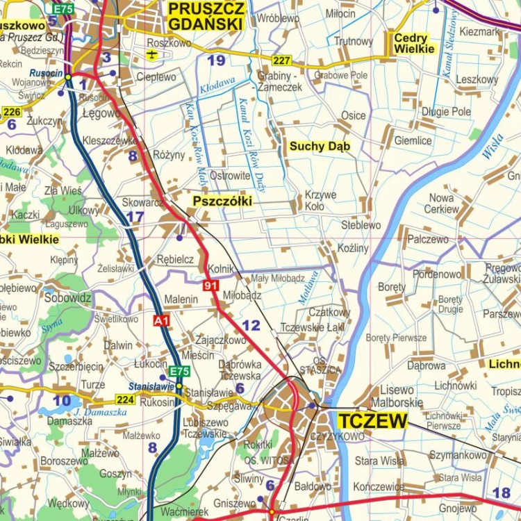 Okolice Gdańska 1:100 000. Mapa ścienna administracyjno-drogowa. Fragment 1