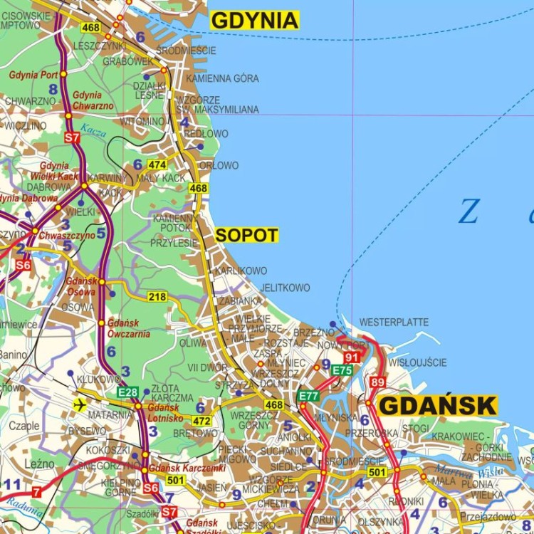 Okolice Gdańska 1:100 000. Mapa ścienna administracyjno-drogowa. Fragment 5