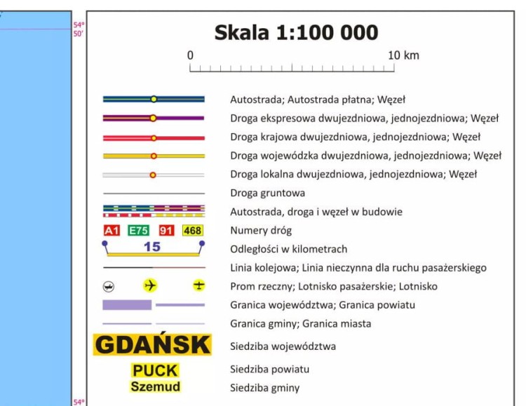 Okolice Gdańska 1:100 000. Mapa ścienna administracyjno-drogowa. Legenda