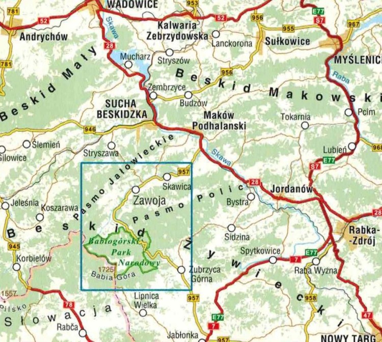 Babia Góra i Zawoja 1:30 000. Laminowana mapa turystyczna wydawnictwa Compass. Fragment 1