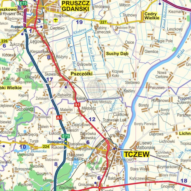 Okolice Gdańska 1:100 000. Arkusz, mapa ścienna administracyjno-drogowa. Fragment 1