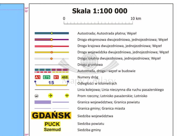 Okolice Gdańska 1:100 000. Arkusz, mapa ścienna administracyjno-drogowa. Legenda