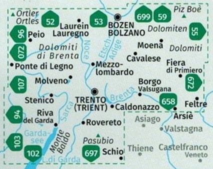 Trydent i okolice. Zestaw trzech map turystycznych 683 wydawnictwa Kompass. Zasięg  zestawu