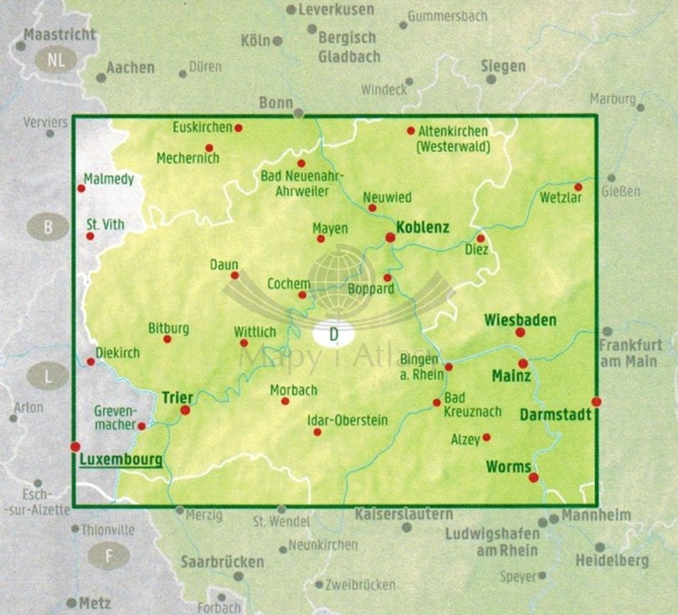 Eifel, Mosel, Hunsruck, Westerwald 1:150 000. Mapa samochodowo-turystyczna wydawnictwa Freytag & Berndt. Zasięg