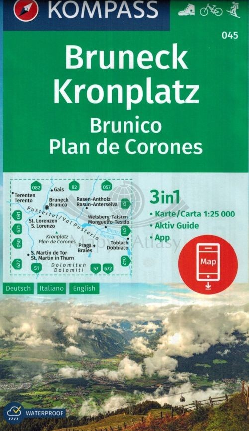 Bruneck (Brunico), Kronplatz (Plan de Corones) 1:25 000. Wodoodporna mapa turystyczna 045. Kompass