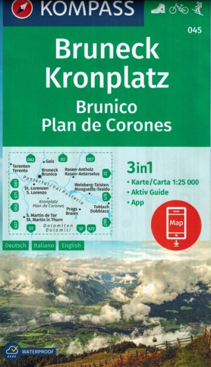 Bruneck, Kronplatz . Wodoodporna mapa turystyczna 045 wydawnictwa Kompass. Okładka