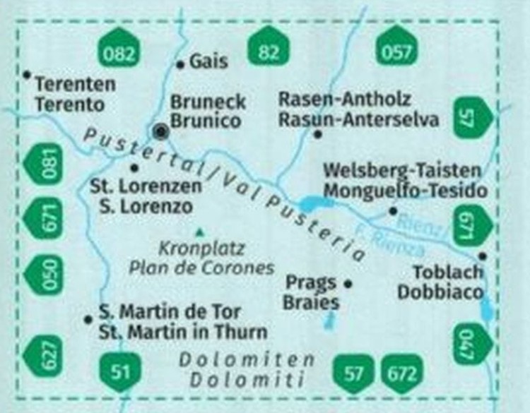 Bruneck, Kronplatz . Wodoodporna mapa turystyczna 045 wydawnictwa Kompass. Zasięg