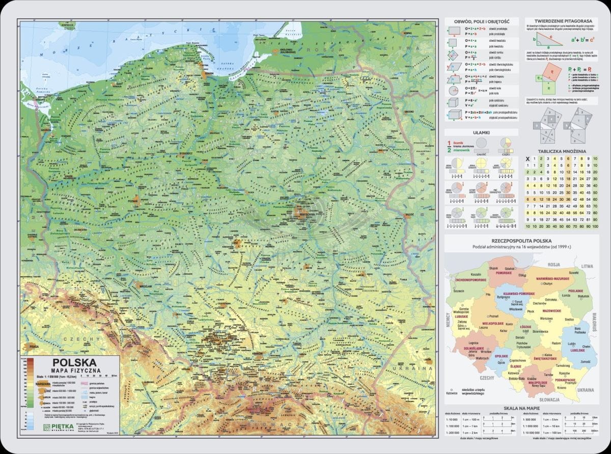 Polska. Mapa fizyczna + wzory matematyczne. Podkładka na biurko. Wyd. 2025