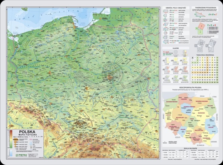 Polska. Mapa fizyczna + wzory matematyczne. Podkładka na biurko