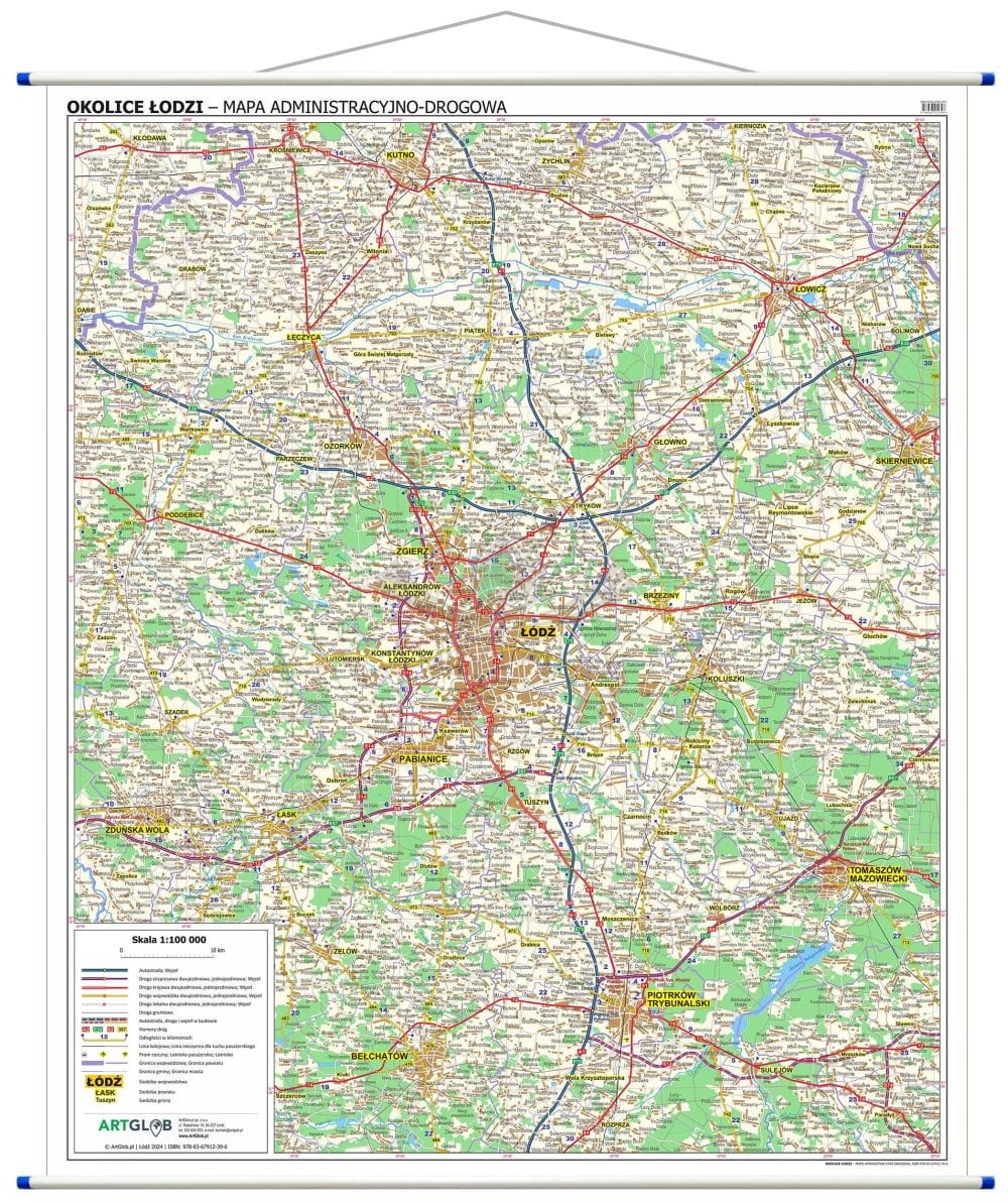 Okolice Łodzi 1:100 000. Mapa ścienna administracyjno-drogowa