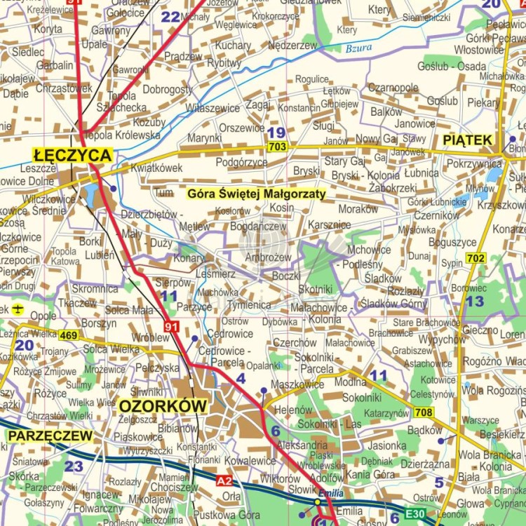 Okolice Łodzi  1:100 000. Mapa ścienna administracyjno-drogowa. Fragment 6